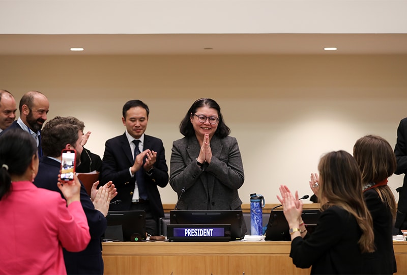 Rena Lee being applauded in an UN negotiation room